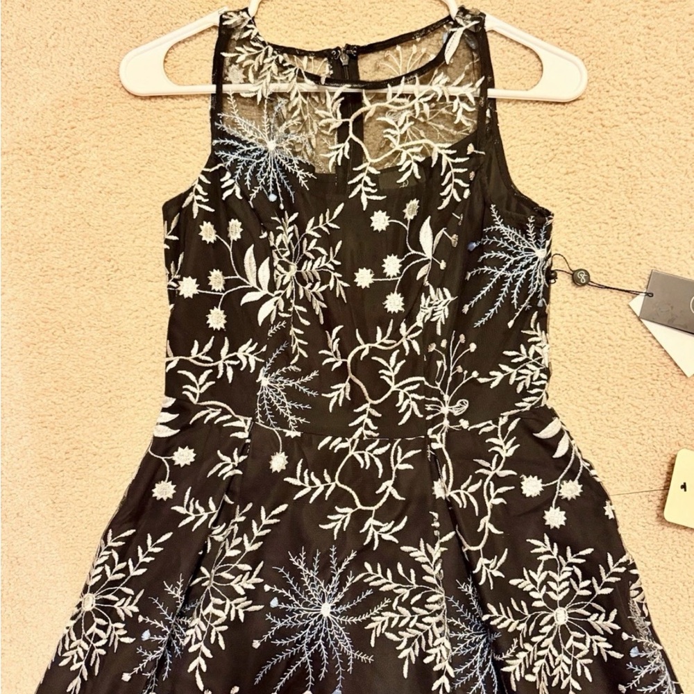 Adrianna Papell Women Black Blue Embroidered Lace Fit Flare Midi Dress Size 0 - Picture 3 of 16